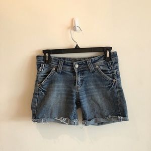 Distressed denim jean shorts